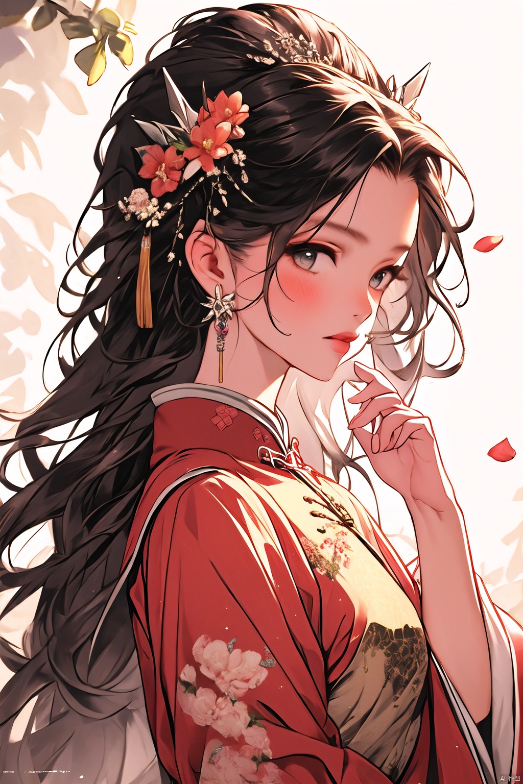1girl, solo, hair ornament, jewelry, earrings, petals, flower, upper body, long hair, chinese clothes, long sleeves, 