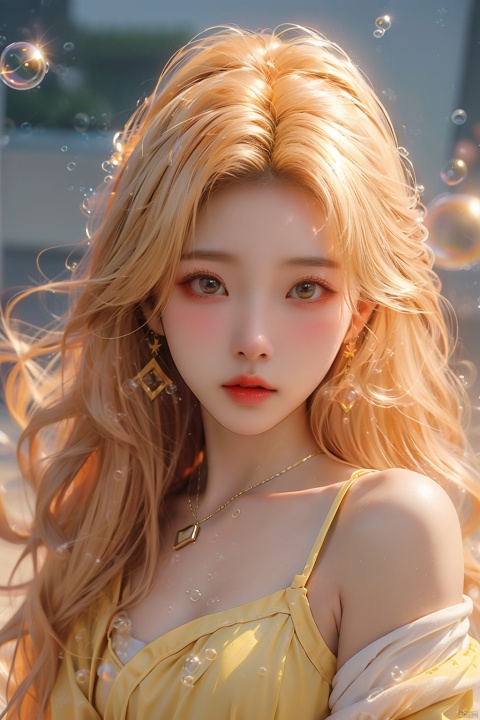  (bubble:1.5),1girl,Bangs, off shoulder, colorful_hair, ((colorful hair)), yellow eyes, chest, necklace, earrings, floating hair, jewelry, sleeveless, very long hair,Looking at the observer, parted lips, pierced,energy,electricity,magic,tifa,sssr,blonde hair,jujingyi, (gold armor), liuyifei, (\xing he\), (\shuang hua\), (\meng ze\)
