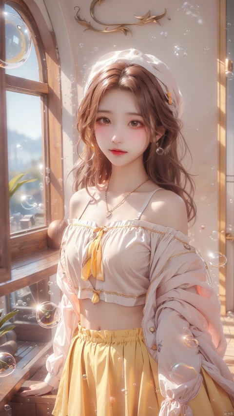  (bubble:1.5),1girl, solo, brown hair, shirt, white shirt, skirt, jewelry, navel, midriff, smile, looking at viewer, short hair, brown eyes, hat, plant, earrings, jar, indoors, bag, collarbone, crop top, pleated skirt, hat bow, brown headwear, holding, necklace, brown bag, long sleeves, book, closed mouth, yellow skirt, standing, bow, cowboy shot, shoulder bag, window, clock, potted plant, blush, neckerchief, sunlight, light particles, bangs, bookshelf, yellow neckerchief, (\meng ze\)