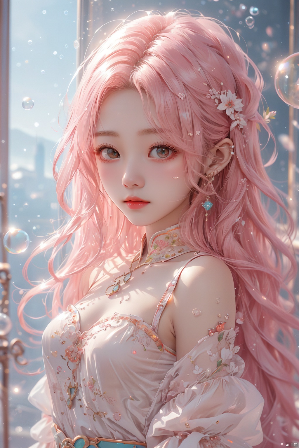  pink hair,bubble,1 girl, ****_female, (medium breasts:), upper body, (masterpiece, top quality, best quality, official art, beautiful and aesthetic), (1girl), extreme detailed eyes, (fractal art:1.3), highest detailed, (perfect face), shiny skin, HDR, galaxy, (light streaks), striking visuals, tutututu, see-through, (cheongsam), cheongsam, tutututu, red earrings, red jewelry, (\meng ze\)