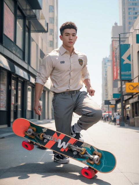 skateboard, masterpiece,1 Man,Look at me,Handsome,Lovely,textured skin,super detail,best quality,adapted_uniform,Bustling city, 1 boy, a boy_gmlwman, Muscular Male, (\a suo\),