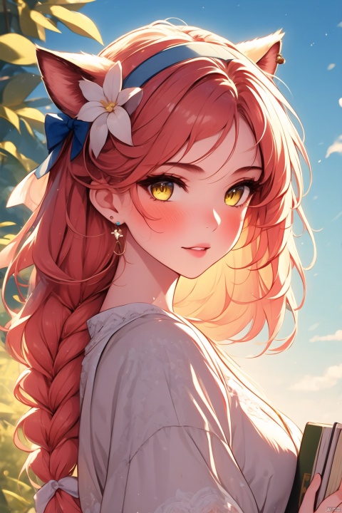  1girl, solo, long hair, looking at viewer, blush, smile, bangs, hair ornament, bow, animal ears, jewelry, yellow eyes, upper body, pink hair, braid, flower, hair bow, hairband, earrings, outdoors, parted lips, alternate costume, cat ears, from side, looking to the side, book, single braid, blue bow, plant, white flower, hair over shoulder, floppy ears, goldenglow \(arknights\)