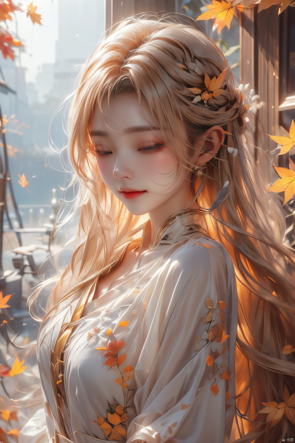  aki shizuha, 1girlaki shizuha blonde hair short hair yellow eyes leaf hair ornamentred shirtskirtlong sleeves, sunset, 8kcg wallpaper, (ultra detailed:1.4), illustration, cinema light, autumn leaves season, 1girl, autumn leaves hair ornament, blush, open mouth, smile, one eye closed, looking out of the viewer, (((touch your hair with one hand))), autumn evening, swaying wind, beautiful background, sunlight filtering through the foliage, scattered light
, (\meng ze\), jiqing, (\MBTI\), mjuanlian