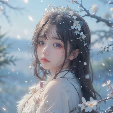  best quality, masterpiece, ultra high res.1girl,pure color background, snowing,with plum blossoms next to her, (\shuang hua\)
