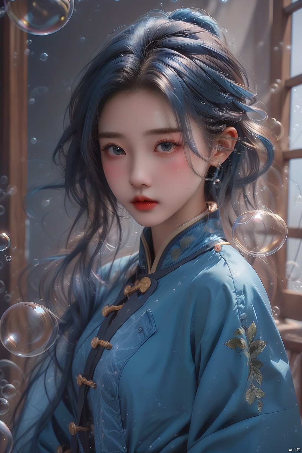  (bubble:1.5),1 girl, blue hair, blue eyes, blue attire, imperial sister,Blue eyebrows,the whole body,Short hair, (\meng ze\), (\ji jian\)