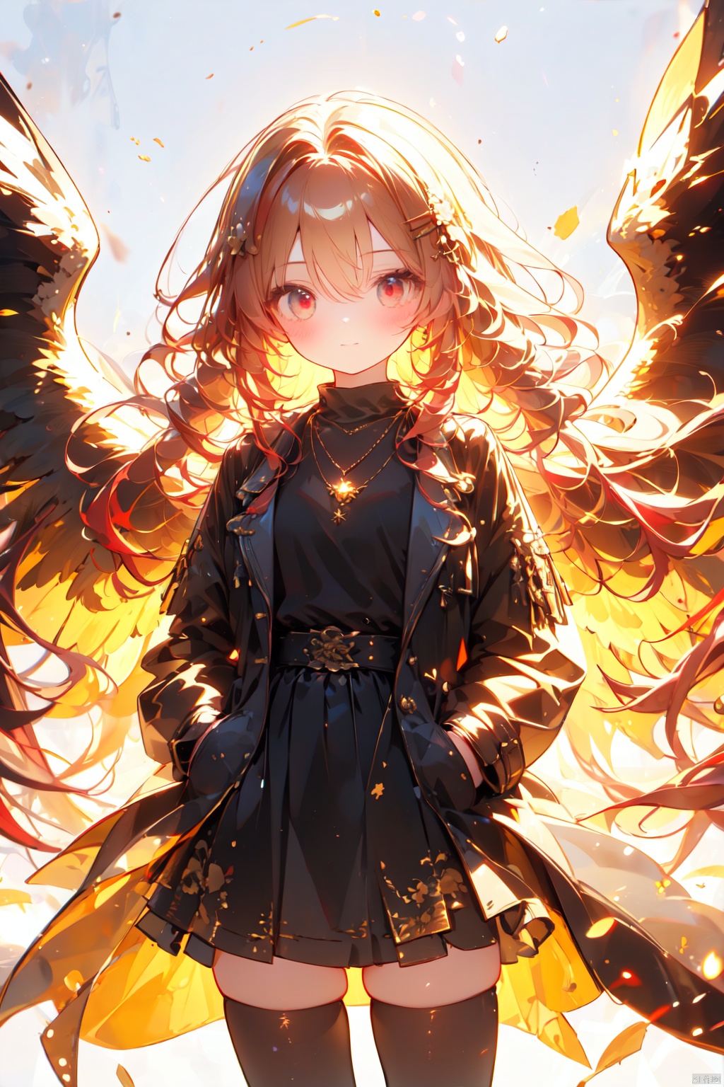  (wings:1.5),1girl, solo, looking at viewer, long hair, drill hair, red eyes, skirt, simple background, shirt, hair ornament, thighhighs, long sleeves, white background, hair between eyes, jewelry, closed mouth, red hair, cowboy shot, open clothes, alternate costume, hairclip, belt, black thighhighs, virtual youtuber, black skirt, necklace, zettai ryouiki, coat, black shirt, turtleneck, hair intakes, open coat, black coat, hands in pockets, ange katrina, (\shen ming shao nv\), jiqing