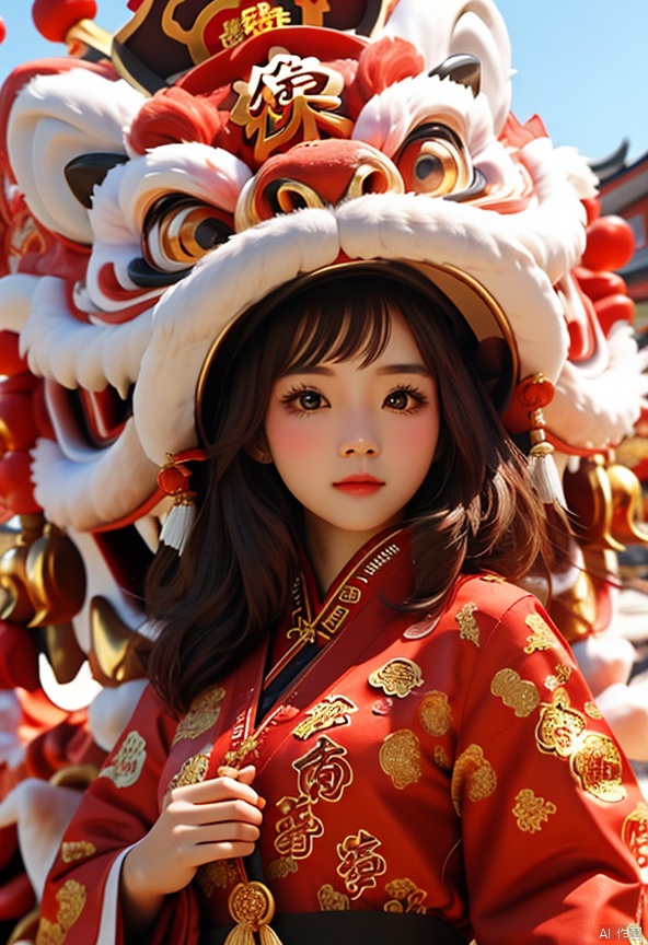  1girl, solo, , (masterpiece), (best quality), (\shi shi ru yi\),Lion dance