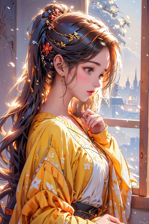  The background is a soft and warm indoor environment, giving a feeling of calm and comfort. This environment adds a dreamy color to the image of the girl, like a little princess out of a fairy tale.glowing

The girl's hairstyle is two high ponytails, neat and playful. This hairstyle not only shows her lively and smart, but also highlights her innocent and cute. The hair band on her ponytail echoed the color of her sweater, creating a harmonious and unified feel.

She was wearing a bright yellow sweater, soft and warm, which made her feel intimate. Yellow is full of sunshine and vitality, which complements the image of a girl. The pattern on the sweater is simple and cute, adding to the overall interest.

The girl wore a red bow on her head, which became the highlight of the overall look. The bow not only adds to the sweet smell of the girl, but also makes her image eye-catching. The red bow contrasts sharply with the yellow sweater, making the whole look more lively., (\meng ze\)