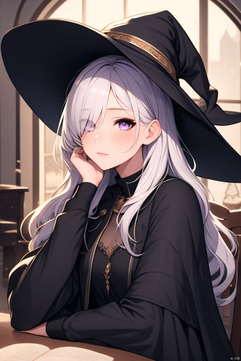  1girl, solo, long hair, bangs, long sleeves, hat, dress, sitting, closed mouth, purple eyes, flower, white hair, indoors, blunt bangs, hair over one eye, black dress, black headwear, capelet, witch hat, chair, table, blue flower, head rest, witch, vase, elbow rest