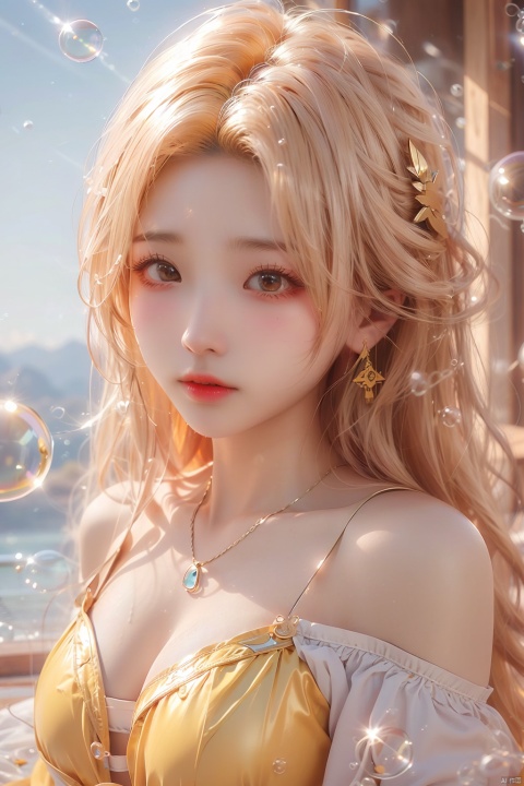  (bubble:1.5),1girl,Bangs, off shoulder, colorful_hair, ((colorful hair)), yellow eyes, chest, necklace, earrings, floating hair, jewelry, sleeveless, very long hair,Looking at the observer, parted lips, pierced,energy,electricity,magic,tifa,sssr,blonde hair,jujingyi, (gold armor), liuyifei, (\xing he\), (\shuang hua\), (\meng ze\)