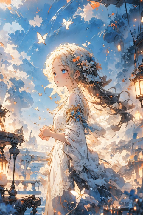  wide shot,(depth of field),global illumination,soft shadows,grand scene,backlight,lens flare,((colorful refraction)),((cinematic lighting)),in the market,looking outside,with butterfly,1girl with lightblue long hair and blue aqua eyes,hair flowers,hime cut,sunlight,blurry background,blurry,White Dress,full of flowers,light bule butterfly, from side,floating hair