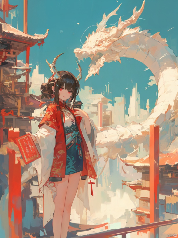 1girl, solo, long hair, looking at viewer, bangs, black hair, hair ornament, red eyes, long sleeves, dress, holding, closed mouth, standing, outdoors, horns, sky, day, wide sleeves, blunt bangs, hair bun, blue sky, bare legs, feet out of frame, chinese clothes, building, tassel, dragon horns, dragon, architecture, east asian architecture, eastern dragon