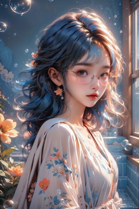  1girl,glowing,blue hair,glasses,bubble,short hair,sewater,standing,masterpiece,best quality,windows,bangs,flower,simple_background, jiqing, Light master