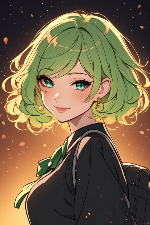  a woman in a green skirt, short hair, light green hair, earring, fluffy hair, black tie, smile, lovely fave, beautiful anime portrait, palace, carrying a schoolbag, digital anime illustration, beautiful anime style, a beautiful fantasy young girl, anime illustration, anime fantasy illustration, beautiful character painting, trending on artstration,（\personality\）, babata