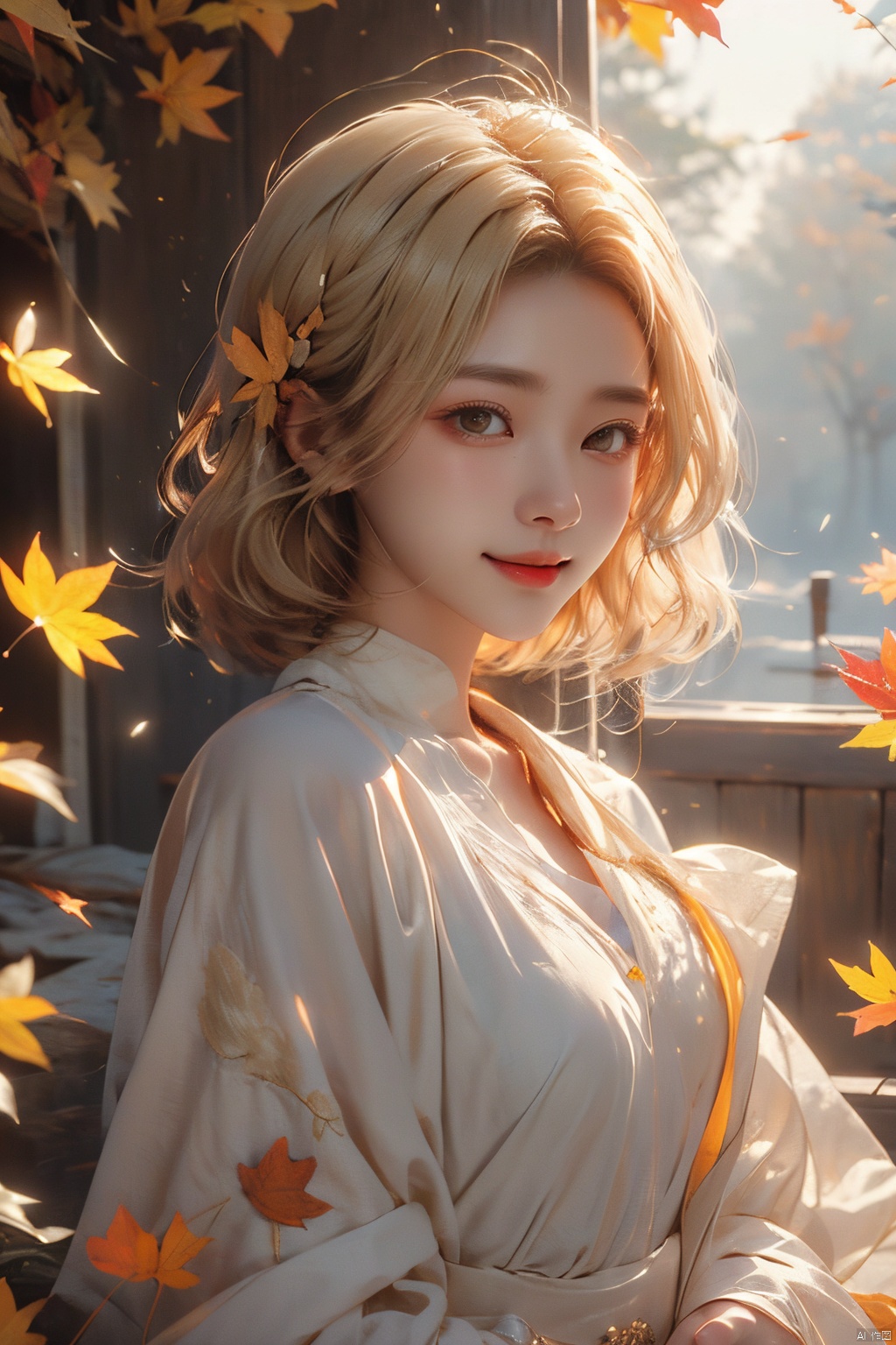  aki shizuha, 1girlaki shizuha blonde hair short hair yellow eyes leaf hair ornamentred shirtskirtlong sleeves, sunset, 8kcg wallpaper, (ultra detailed:1.4), illustration, cinema light, autumn leaves season, 1girl, autumn leaves hair ornament, blush, open mouth, smile, one eye closed, looking out of the viewer, (((touch your hair with one hand))), autumn evening, swaying wind, beautiful background, sunlight filtering through the foliage, scattered light
, (\meng ze\), jiqing, (\MBTI\), mjuanlian