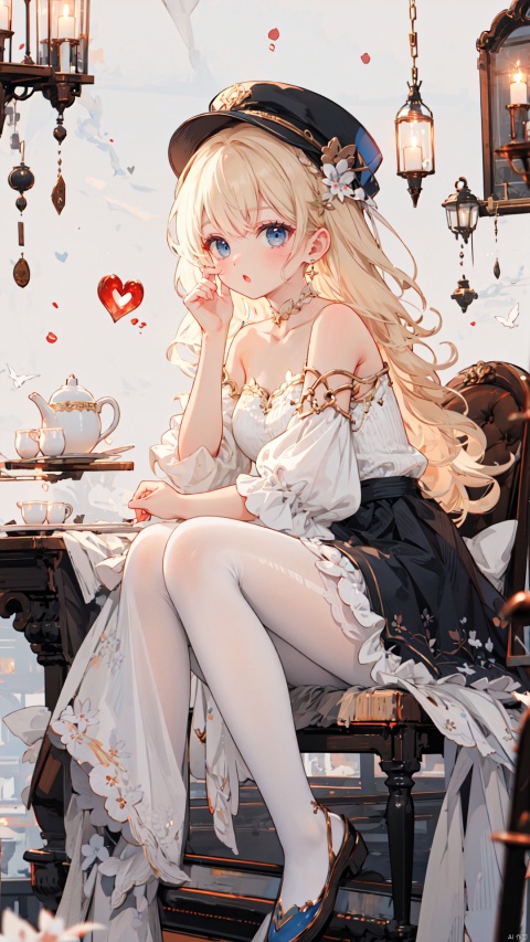  1girl, virtual youtuber, watson amelia, cup, blue eyes, pantyhose, blonde hair, glasses, jewelry, hat, solo, hair ornament, food, round eyewear, white background, bag, white shirt, brown pantyhose, shirt, earrings, brown headwear, collarbone, off-shoulder shirt, sitting, bare shoulders, fork, bangs, off shoulder, simple background, black-framed eyewear, :t, heart, heart earrings, closed mouth, skirt, on head, saucer, looking at viewer, black skirt, plate, animal on head, animal, black headwear, frills, holding, dog, cabbie hat, monocle hair ornament, blush, table, hand up, breasts, official alternate hairstyle, puffy sleeves, teacup, knees up,,,,,, backlight, colors, white pantyhose, (\shen ming shao nv\)