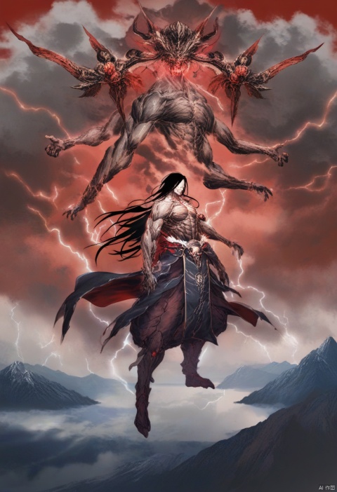  glowing bettery,masterpiece, best quality solo, skull, extra arms, male focus, 1boy, long hair, black hair, full body, muscular, horns, red background, standing, pillarboxed ,dragon, lightning, scenery, cloud, sky, wings, flying, fantasy, cloudy sky, electricity, outdoors, mountain, landscape, (\shen ming shao nv\),