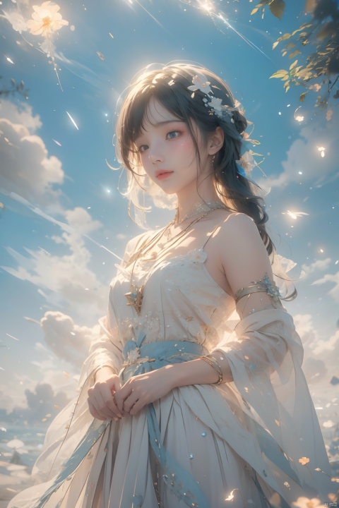  1girl,wearing Collectable Space Age Pearlescent Bracers, soft focus, Modern Art, （key light：1.2）,flower,jellyfish, Grayscale, glittering, runes,( Light streaks:1.3), （highly detailed：1.3）, 8K,jellyfishforest,,Fractal,smoke, cloud,Soaring through the clouds and mist, Colored hair,Colored smoke,moyou, Multidimensional diffraction paper, , glow, (\shuang hua\)