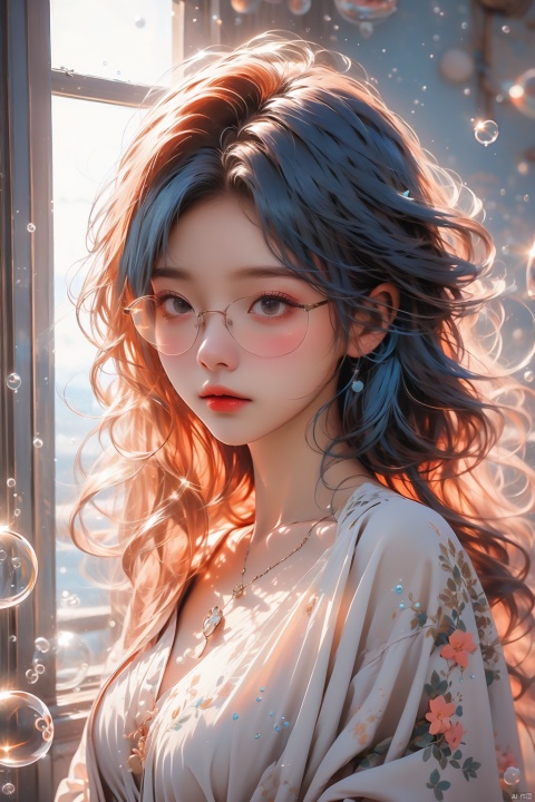  1girl,glowing,blue hair,glasses,bubble,short hair,sewater,standing,masterpiece,best quality,windows,bangs,flower,simple_background, jiqing, Light master