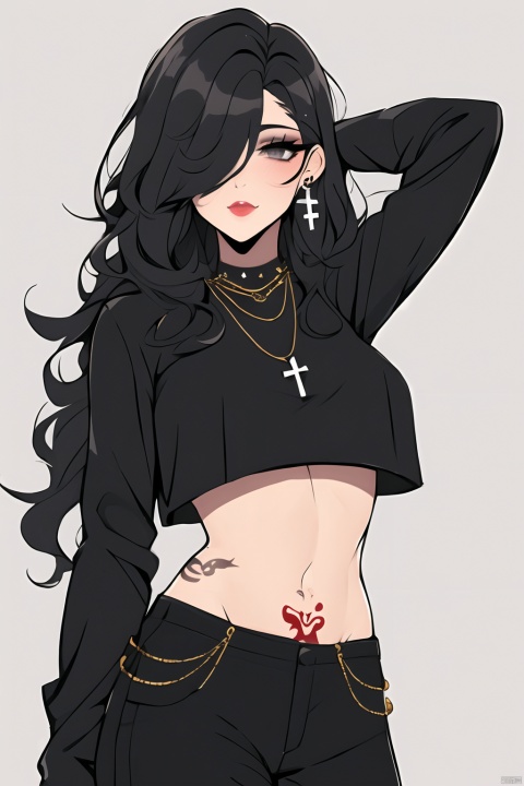  (score_9,score_8_up,score_7_up), uncensored, 1girl, goth girl, solo, long hair, breasts, looking at viewer, black hair, long sleeves, navel, jewelry, earrings, midriff, pants, necklace, hair over one eye, black eyes, arm up, crop top, grey eyes, tattoo, makeup, black pants, cross, arm behind head, gothic