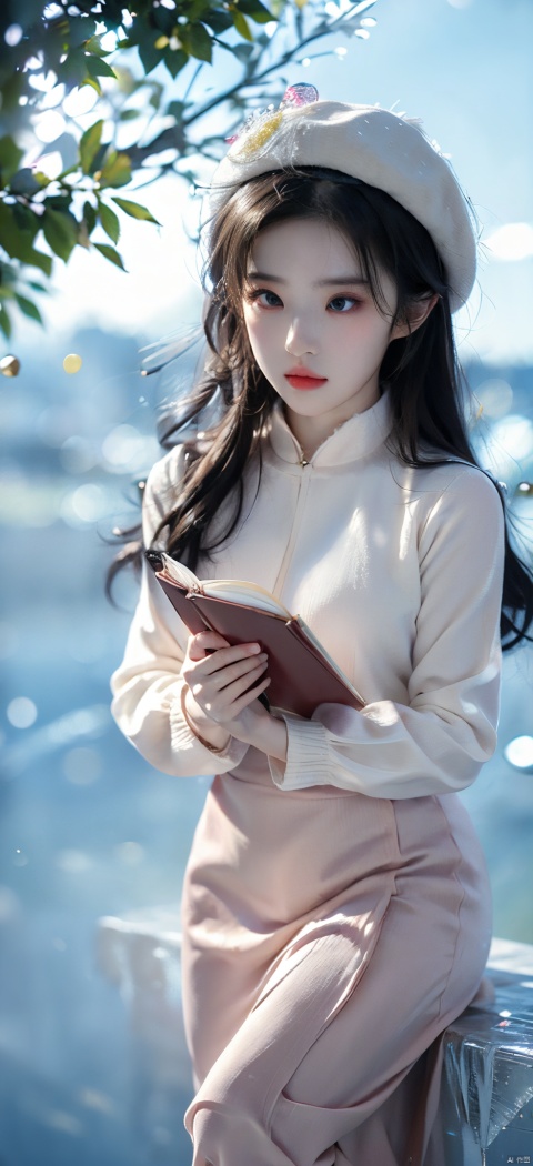 (ice:1.6), (1girl:1.1),stars in the eyes,(pure girl:1.1),(full body:0.6),Therearemanyscatteredluminouspetals,contourdeepening,cinematicangle,goldpowder,,刘亦菲, liuyifei,A girl in a beret stood in the flowers ,Book in hand, wearing a white sweater and a long brown dress., (\shuang hua\)