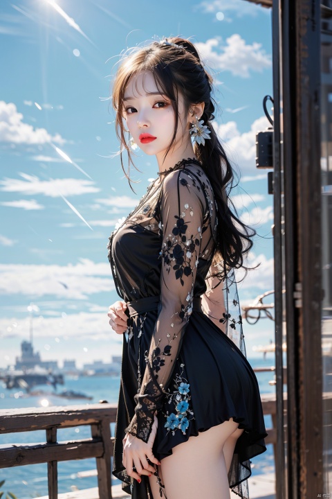  1girl, solo, long hair, looking at viewer, black hair, long sleeves, dress, jewelry, closed mouth, standing, ponytail, cowboy shot, earrings, black dress, lips, makeup, lipstick, red lips,lace, (\shuang hua\)