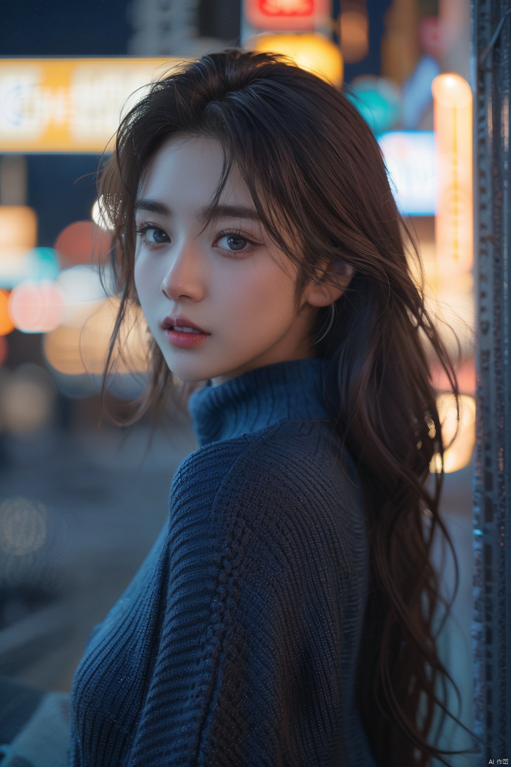1girl, solo, long hair, sweater, blurry, upper body, neon lights, lips, parted lips, brown hair, looking at viewer, night, blurry background, depth of field, brown eyes, looking to the side, blue sweater, blue eyes, nose, outdoors, from side, black hair