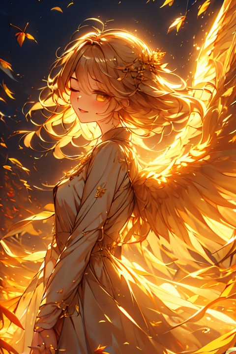  (wings:1.5),aki shizuha, 1girlaki shizuha blonde hair short hair yellow eyes leaf hair ornamentred shirtskirtlong sleeves, sunset, 8kcg wallpaper, (ultra detailed:1.4), illustration, cinema light, autumn leaves season, 1girl, autumn leaves hair ornament, blush, open mouth, smile, one eye closed, looking out of the viewer, (((touch your hair with one hand))), autumn evening, swaying wind, beautiful background, sunlight filtering through the foliage, scattered light
, (\meng ze\), jiqing, (\MBTI\), mjuanlian, (\shen ming shao nv\), jijianchahua