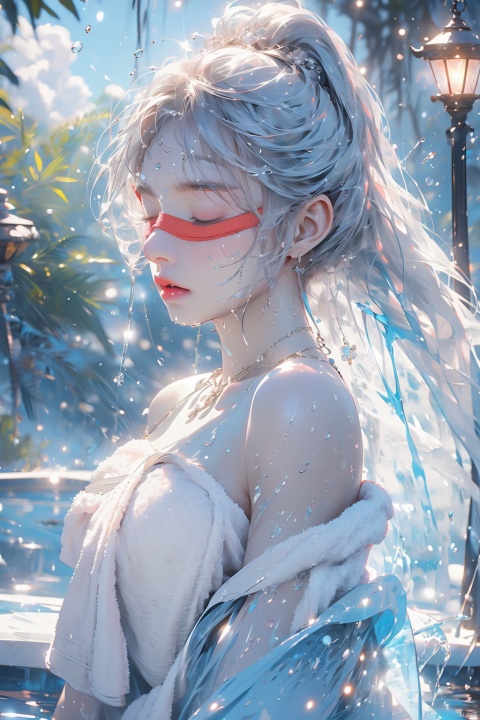 (ice:1.5),glowing, 1girl bathing in the pool,blue-pink smoke, shoulders exposed to the water surface (wrapped in a towel: 1.5),Forehead gemstone, (with a large amount of water vapor on the surface: 1.5), (hot spring), lantern, night,girl, bust, long white hair, flowing long hair,((blindfold, blindfold)),rosy lips, fair skin, off-the-shoulder, collarbone, necklace,silver jewelry, backlight, subway, 1girl,high_heels, see-through control, (\shuang hua\)