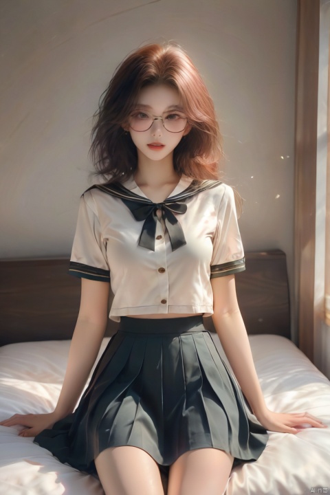  Enhanced, masterpiece, 16K, JK, 1 girl, glasses, short hair, school uniform, skirt, Lie in bed,, (\meng ze\), (\shen ming shao nv\), babata, (\MBTI\), jiqing