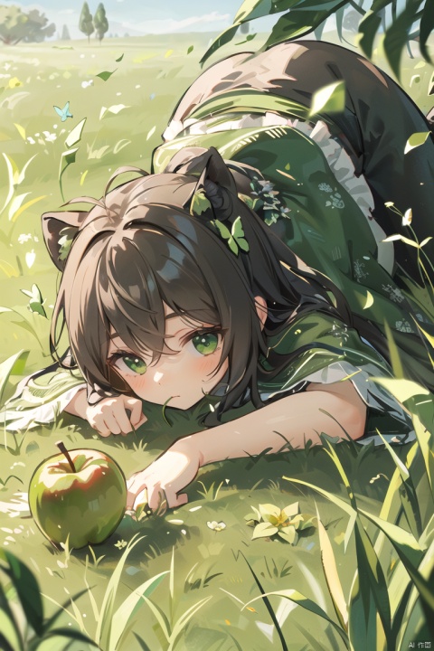  (grass:1.5),1girl, solo, a green apple and flowers at the bottom,a hedgehog crawls over an apple and sniffs a butterfly
