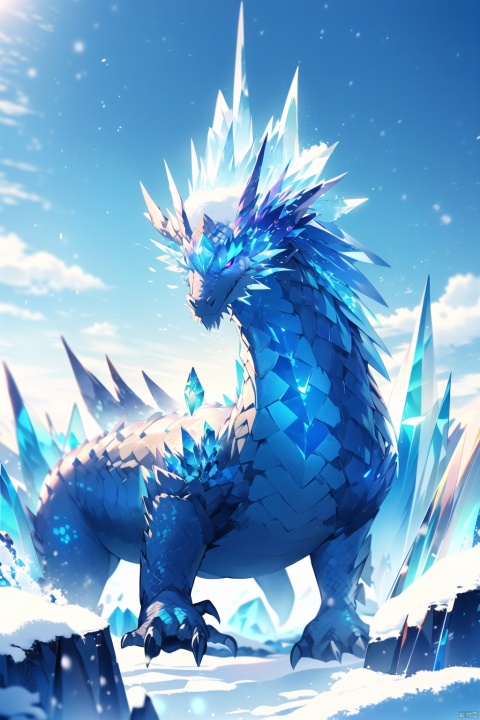  (\han yu long huang\),no humans, dragon, sky, crystal, ice, cloud, outdoors, glowing, wings, scales, blue sky, day, looking at viewer, snow