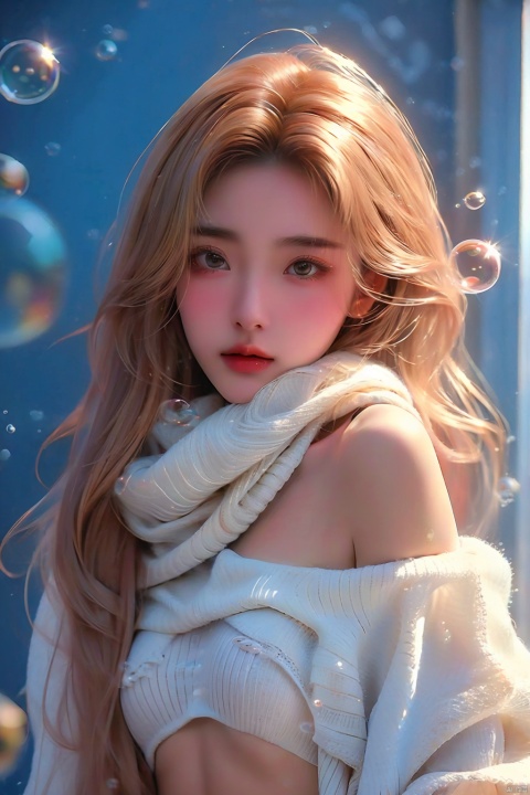  (bubble:1.3),High quality, masterpiece, Portrait,cinematic texture,1girl,sexy_sweater, navel,Scarf,Off shoulder, (\meng ze\)