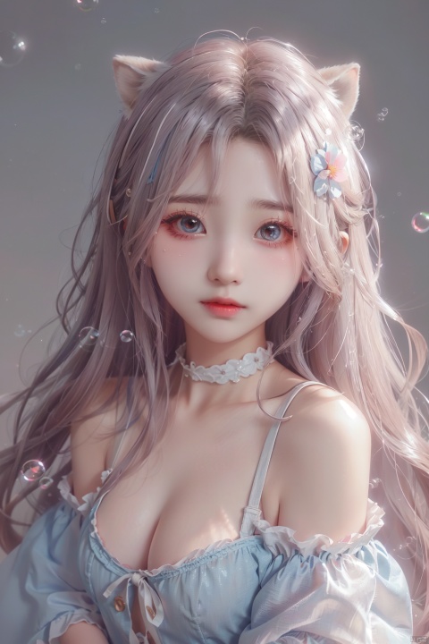  (bubble:1.5),1girl, solo, long hair, breasts, looking at viewer, blush, smile, bangs, black hair, hair ornament, red eyes, white background, dress, animal ears, hair between eyes, bare shoulders, medium breasts, very long hair, closed mouth, standing, collarbone, flower, short sleeves, cowboy shot, detached sleeves, sleeveless, choker, puffy sleeves, tears, hand up, hair flower, grey background, puffy short sleeves, sleeveless dress, blue dress, crying, two-tone background, blue flower, crying with eyes open, erune, (\meng ze\)