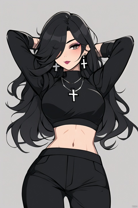 (score_9,score_8_up,score_7_up), uncensored, 1girl, goth girl, solo, long hair, breasts, looking at viewer, black hair, long sleeves, navel, jewelry, earrings, midriff, pants, necklace, hair over one eye, black eyes, arm up, crop top, grey eyes, tattoo, makeup, black pants, cross, arm behind head, gothic