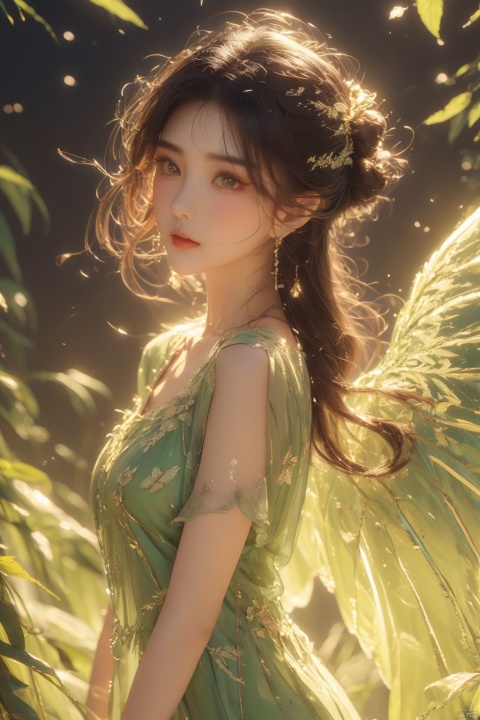 (glass:1.5), wings,1girl, solo,  looking at viewer, bangs, black hair, brown eyes, jewelry, closed mouth, upper body, earrings, medium hair, from side, sweater, lips, makeup, leaf, plant, green background, green theme, green sweater, realistic, Chinese style, 30710, white pantyhose, guofengZ, (\shen ming shao nv\)