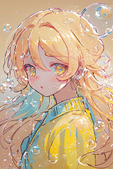 (bubble:1.5), illustrator, anime, realistic, 1girl, lip, Sweater, order, Yellow gradient background, Neon hair, Textured crop, Canadian, (masterpiece, best quality), (\meng ze\), Light master,glowing