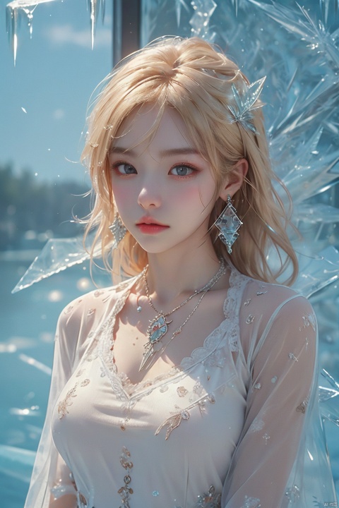 (ice:1.5), masterpiece, 1 girl, Stand, {blonde hair}, jewelry, Earrings, Necklace, {JK}, Newspaper wall, huge filesize, extremely detailed, 8k wallpaper, highly detailed, best quality, yunqing, qrx, qianrenxue, xiaowu, WZRYdajiJW, dyzgqzm, (\shuang hua\), (\huo yan shao nv\), ((poakl)), Light master