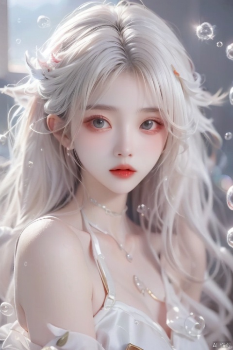  (bubble:1.5),naked skirt,nudist,Nude,1girl,white hair,hair ornament,mature female,shell,pearl,looking at viewer,jewelry,detailed face, (\meng ze\)