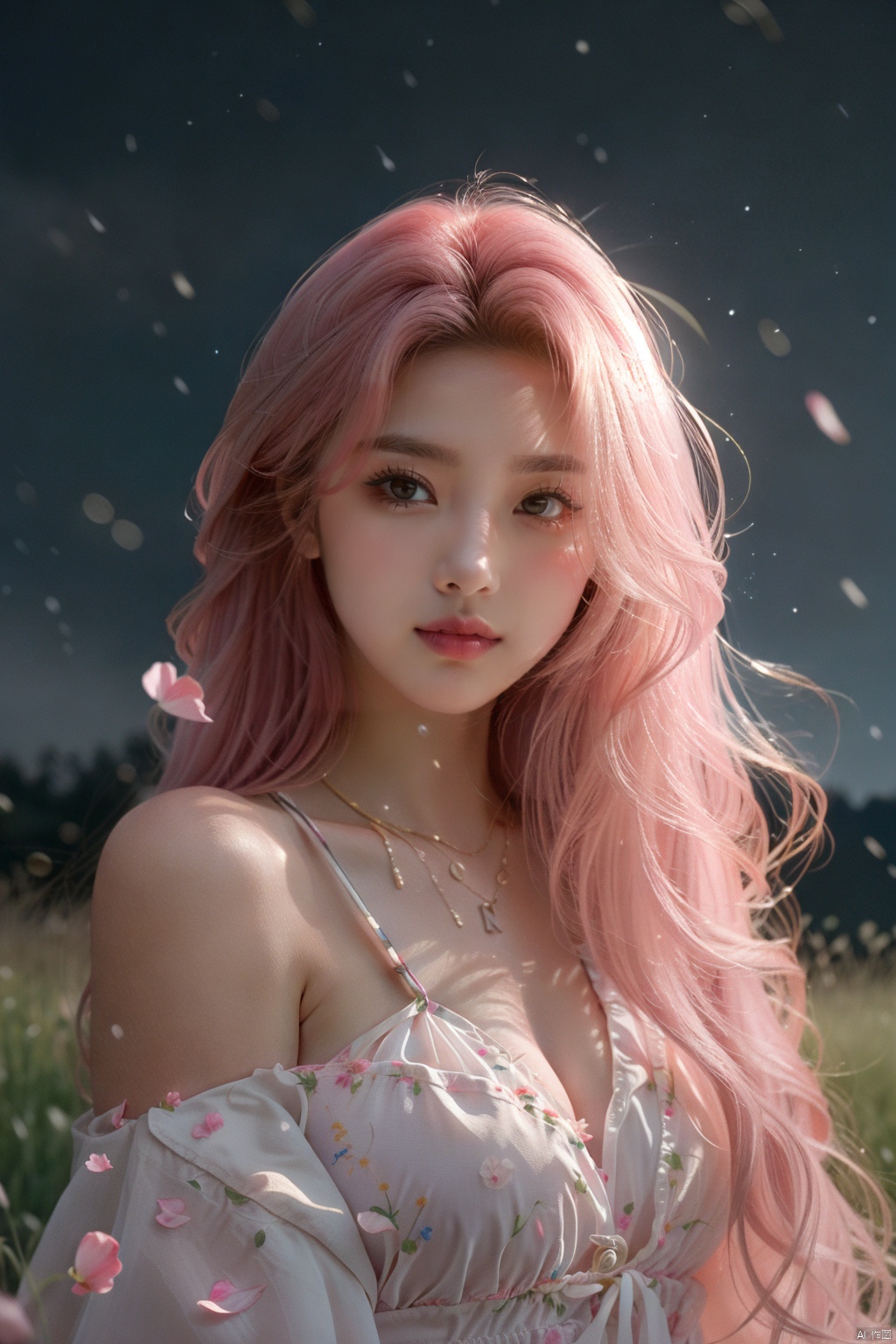  high heels, full body, masterpiece, best quality, 1girl, (colorful),(delicate eyes and face), volumatic light, ray tracing, bust shot ,extremely detailed CG unity 8k wallpaper,solo,smile,intricate skirt,((flying petal)),(Flowery meadow) sky, cloudy_sky, moonlight, moon, night, (dark theme:1.3), light, fantasy, windy, magic sparks, dark castle,white hair, (\meng ze\)