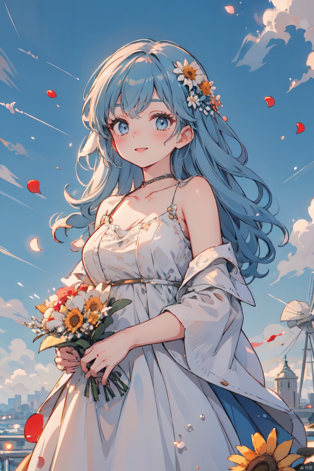  1 girl,flowers (innocent grey),Sky blue hair,standing,1girl, bangs, blue_sky, blush, bouquet, breasts, city, cityscape, cloud, cloudy_sky, collarbone, confetti, daisy, day, falling_petals, fence, ferris_wheel, field, flower, flower_field, hair_ornament, hairclip, holding, holding_flower, house, jacket, leaves_in_wind, long_hair, long_sleeves, looking_at_viewer, open_clothes, open_jacket, outdoors, petals, rose_petals, sky, skyline, skyscraper, smile, solo, sunflower, tower, upper_body, wind, windmill, yellow_flower, (wide shot, mid shot, panorama), blurry,Nebula, flowing skirts,（smoke）,Giant flowers, light master, (\shen ming shao nv\)