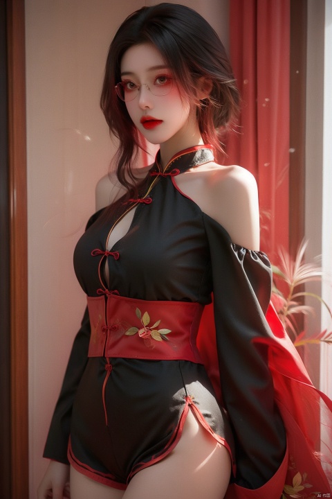  A girl. 37 point short hair over the shoulder. Black hair. Red cheongsam. Black sleeves. Red glasses. Red eyes.Black stockings. Black long boots. Black safety shorts. big boobs.Details of cheongsam. Clothing details.