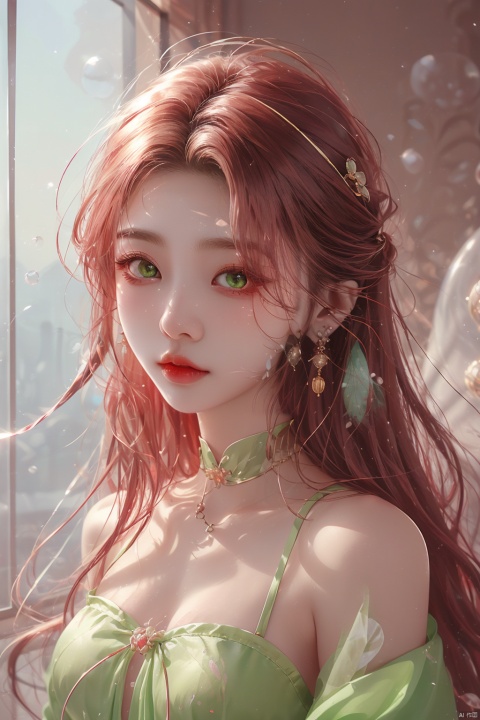  masterpiece, best quality, ice, A girl, silk, cocoon, spider web, Solo, Complex Details, Color Differences, Realistic, (Moderate Breath), Green Eyes, Earrings, Sharp Eyes, Perfect Fit, Choker, Dim Lights, cocoon, transparent, jiBeauty, Ink scattering_Chinese style, hydress-hair ornaments, (\meng ze\)