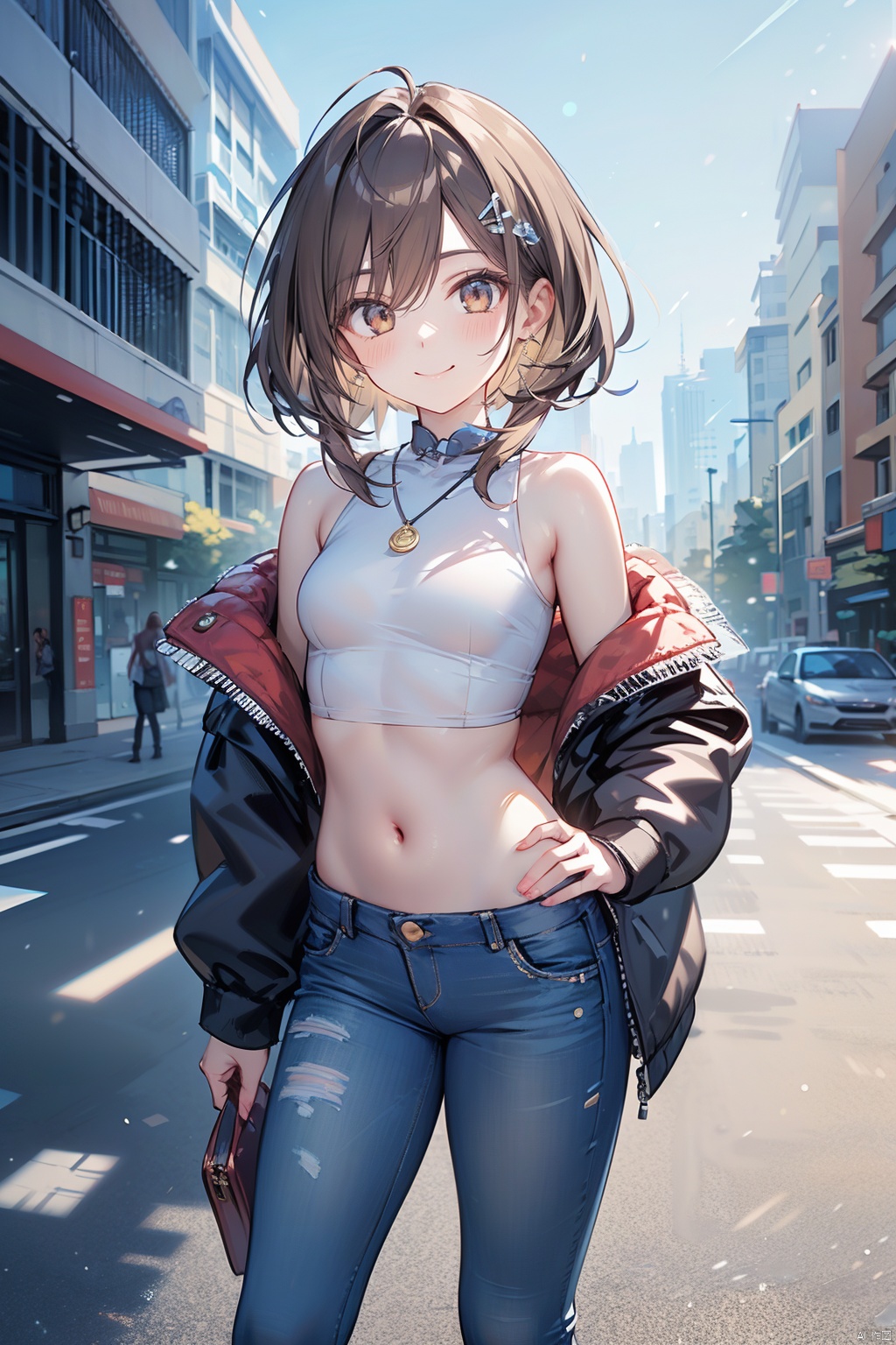  (ice:1.5), sdmai, chaziyanhong, , 1woman, bodycon crop top and jeans, on a street, smiling, cinematic, professional photography, photogenic, natural lighting, bob hair, flat bangs, brown hair, (\shuang hua\), (\huo yan shao nv\), ((poakl)), Light master