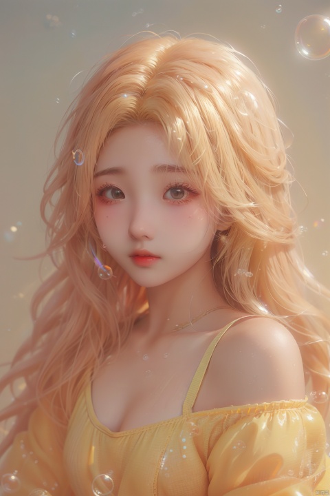 (bubble:1.5), illustrator, anime, realistic, 1girl, lip, Sweater, order, Yellow gradient background, Neon hair, Textured crop, Canadian, (masterpiece, best quality), (\meng ze\), Light master,glowing
