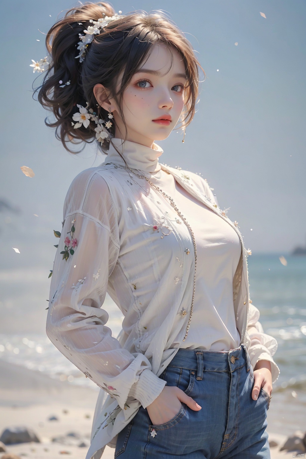  (best quality), ((masterpiece)), (highres), illustration, original, extremely detailed,1girl, solo, jewelry, earrings, white background, pants, shirt tucked in, simple background, ponytail, high-waist pants, shirt, purple eyes, jacket, breasts, hair ornament, hand in pocket, black pants, turtleneck, brown hair, blue shirt, (\shuang hua\)