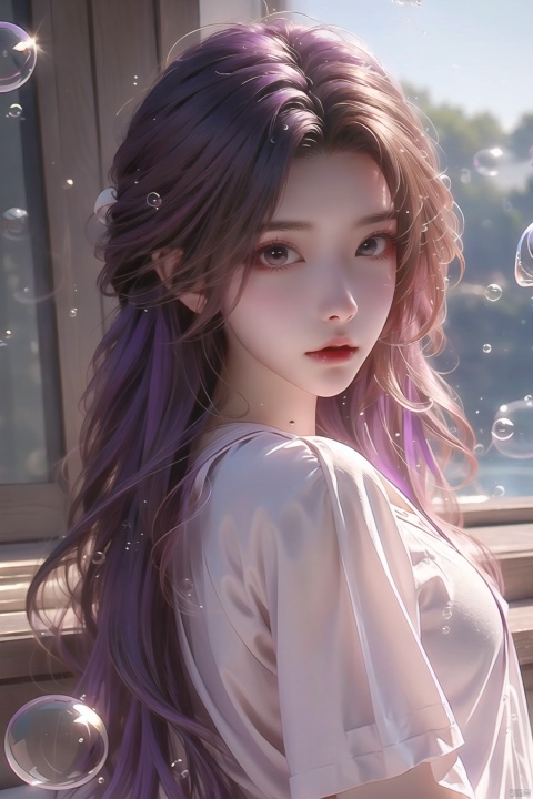  (bubble:1.5),1girl,solo. purple hair, red eyes, hairclip, long hair, very long hair, white shirt, school uniform, pleated skirt, plaid skirt, cowboy shot, solo focus, (\meng ze\), qingyi, Light master