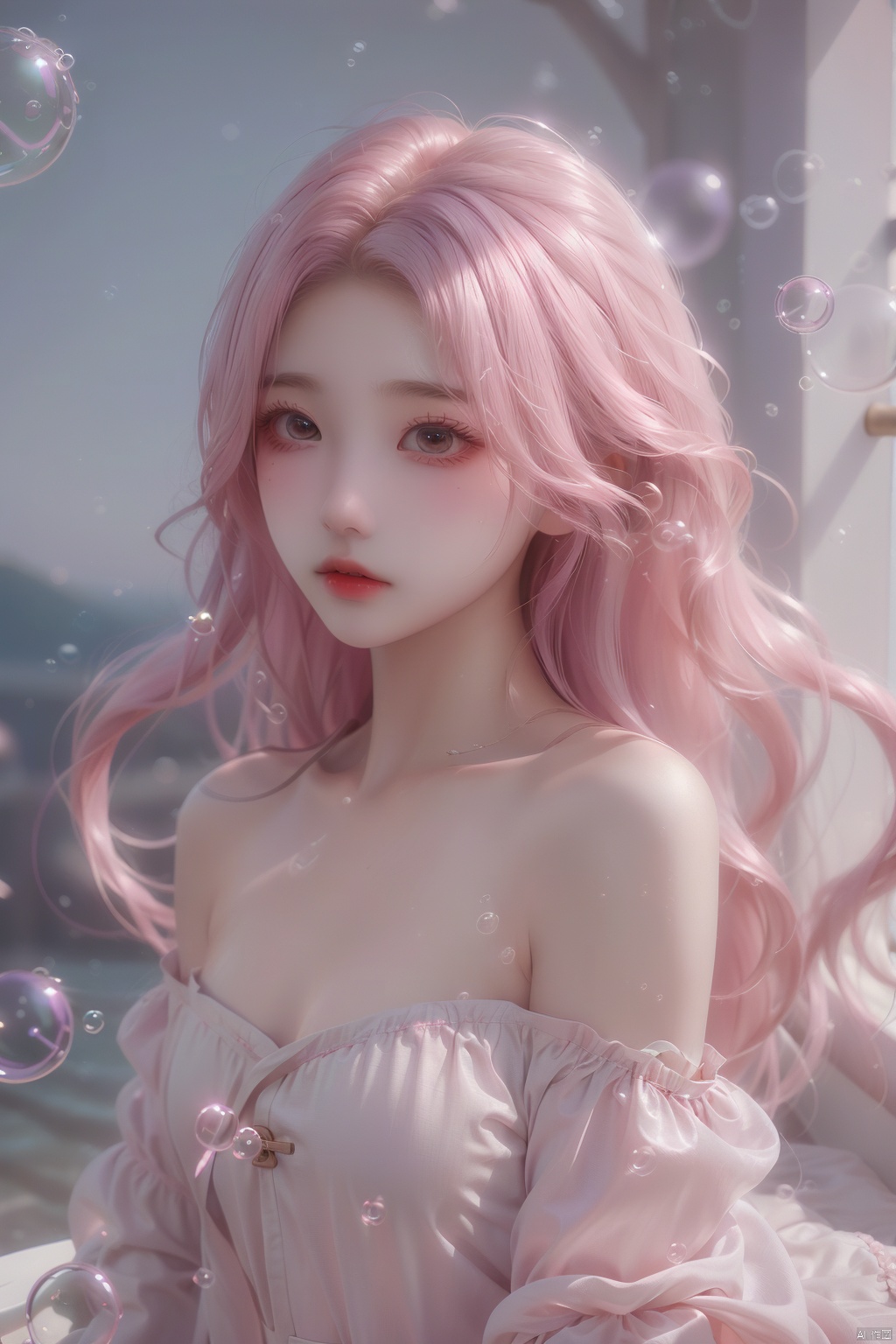  (bubble:1.5),1girl, solo, long hair, dress, bare shoulders, purple eyes, collarbone, upper body, pink hair, parted lips, off shoulder, white dress, floating hair, looking away, wind, (\meng ze\), Light master, 1 girl