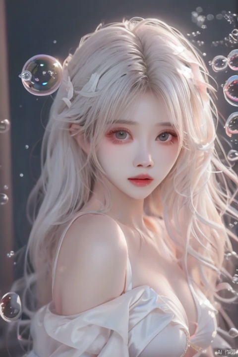  (bubble:1.5),naked skirt,nudist,Nude,1girl,white hair,hair ornament,mature female,shell,pearl,looking at viewer,jewelry,detailed face, (\meng ze\)