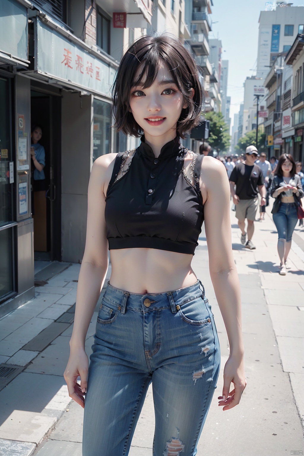  (ice:1.5), sdmai, chaziyanhong, , 1woman, bodycon crop top and jeans, on a street, smiling, cinematic, professional photography, photogenic, natural lighting, bob hair, flat bangs, brown hair, (\shuang hua\), (\huo yan shao nv\), ((poakl)), Light master